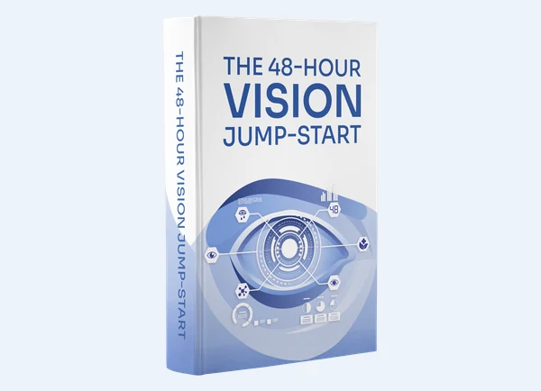 Cover of The 48-Hour Vision Jump-Start e-book, a pale blue book with an eye diagram on the front