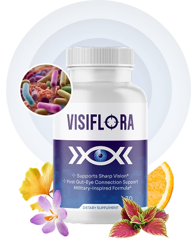 VisiFlora supplement bottle with a white cap and a blue label, shown with flower petals and an orange slice