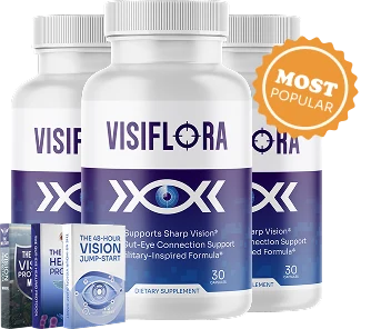 Three VisiFlora bottles in a row with e-book covers in front