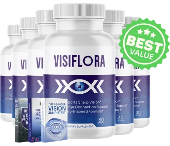 Six VisiFlora bottles in a row with e-book covers in front